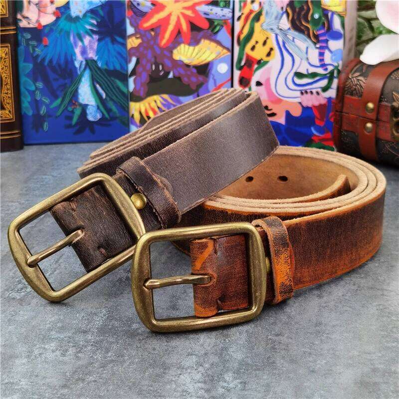 Retro Cowboy Jeans Men's Vintage Brass Buckle Thick Leather Ceinture For Long Waist Belt Men MBT0539 Y260225