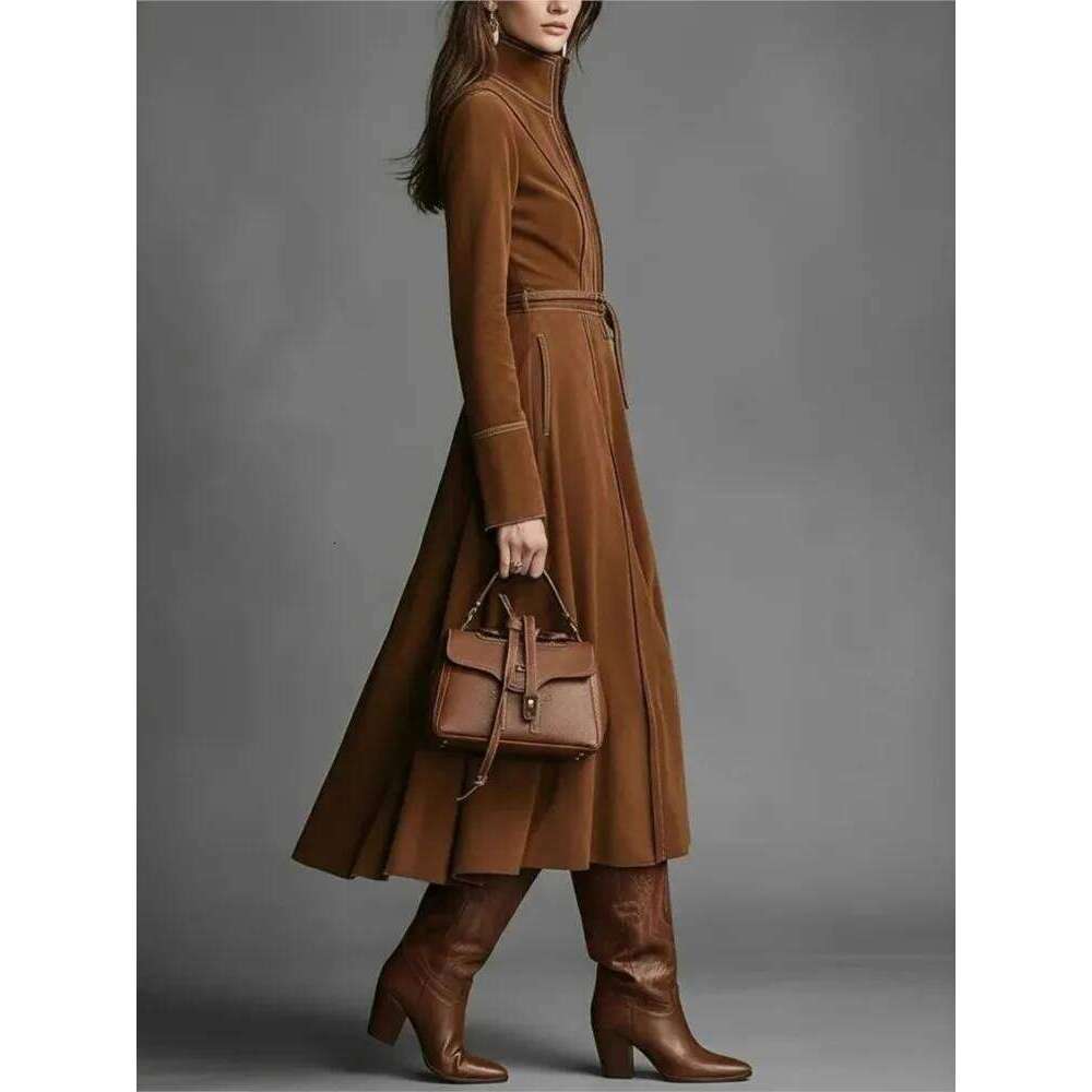 Elegant Retro Solid Suede Lace Up Dresses Woman Stand Collar Zipper Slim A-line Sleeve Pocket High Street Long Dress XJ260225