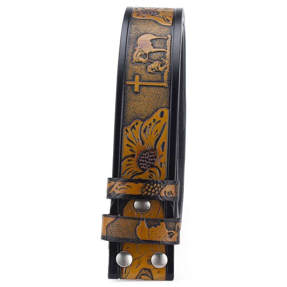 No Buckle Belt Genuine Leather Horse Cross Pattern Width 3.8cm Y260225