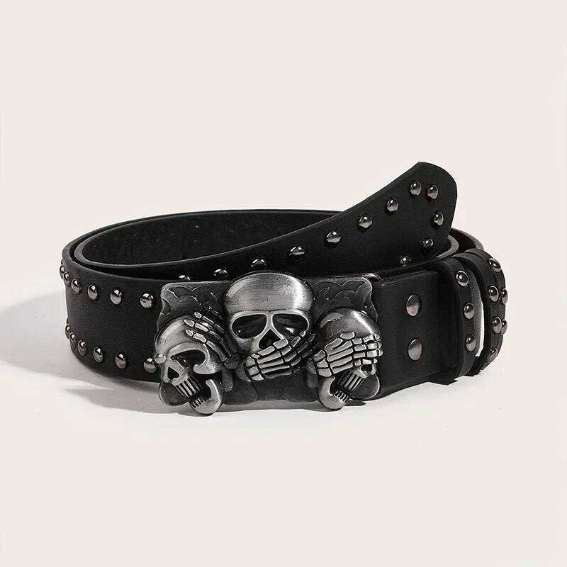 Women's Punk Skull Harajuku Gothic Y2K Rivets Skeleton Hand Decoration Men Girls Leather Belt Halloween Accessories Y260225