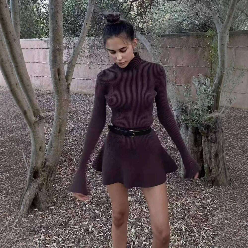 Mingmingxi 2025 New A-Line Knit for Women Semi High Neck Long Sleeve Elegant Sweater Casual Bodycon Party Dress XJ260225