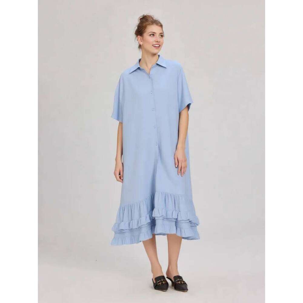 Women Plus Size Casual Summer Spring Short Sleeve Loose Solid Midi Dress Polo Neck Pleated Korean Female Clothing XJ260225