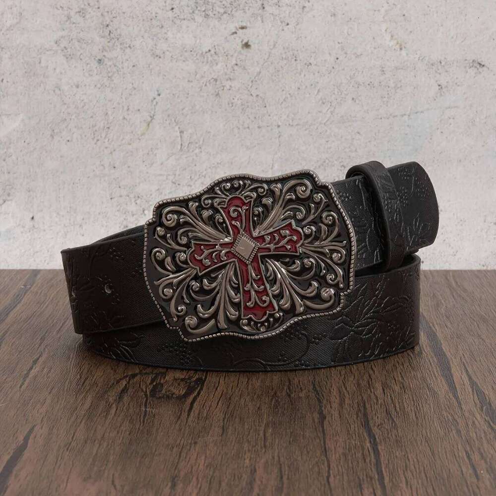 1pc Men's Y2k Punk Petal Cross Buckle Casual Black Belt, A Versatile Decorative Belt Jeans, Suitable for Daily Travel Y260225