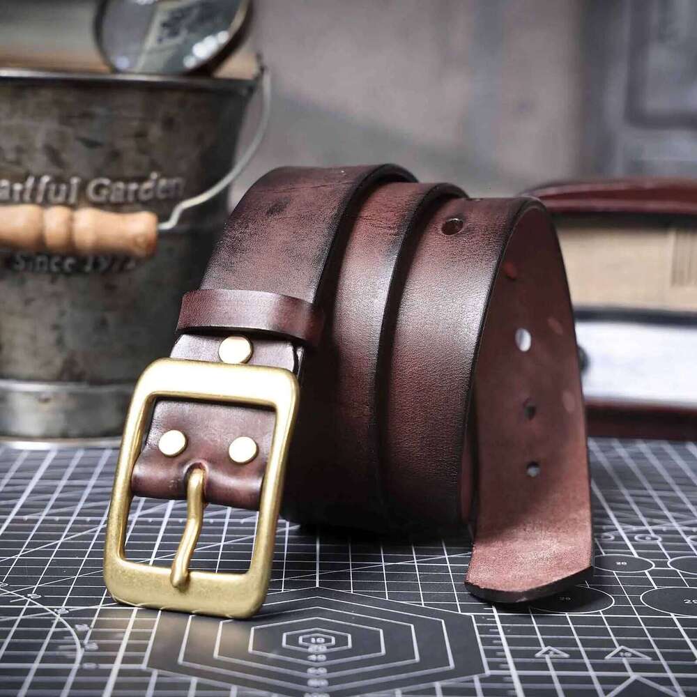 Vintage Genuine Leather Men's Belt Solid Brass Buckle, Handmade Casual Pin Buckle Thickened Italian Cowhide With Gift Box Y260225