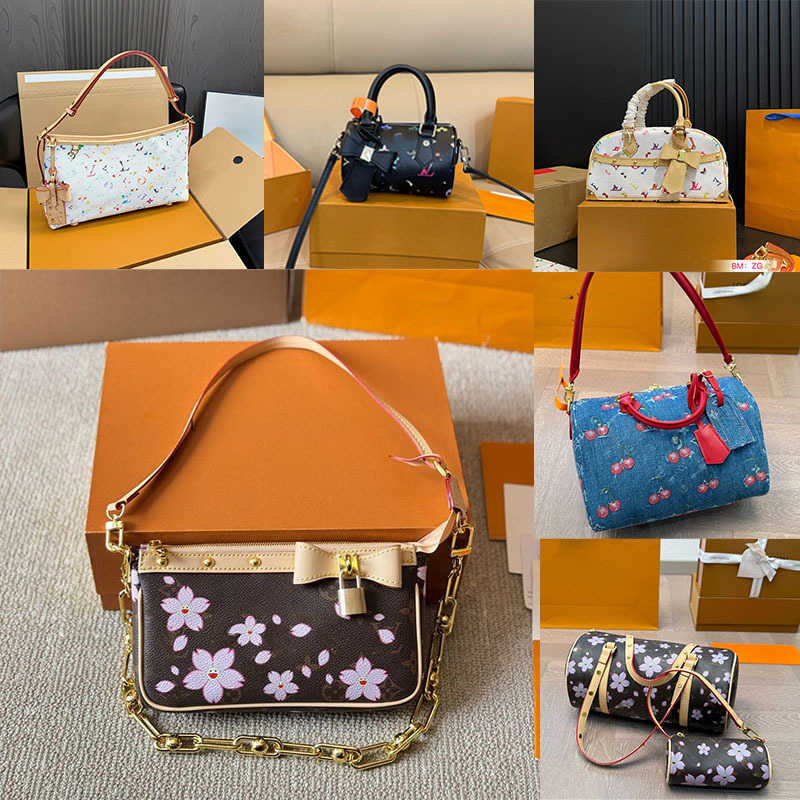 Shoulder Bags designer bags takashi murakami handbag cherry blossoms shoulder leather canvas colorful bag composite lady beach clutch tote woman purse wallets