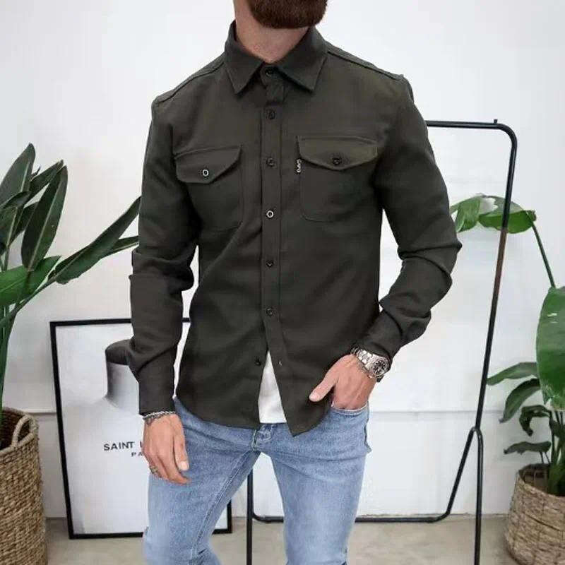 Men's casual shirt jacket autumn and winter long sleeved lapel top men's single breasted solid color pocket jacket