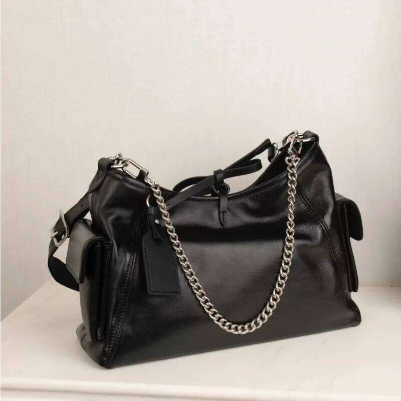 Black Tied Chain Tote Women Leather Large Capacity Stitching Shoulder Ladies Retro Sle Commute Casual Crossbody Bag 2025 H260225