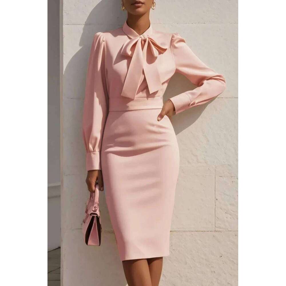 Women's Solid Color Bow Neck Long Sleeve Waisted Midi Dress XJ260225