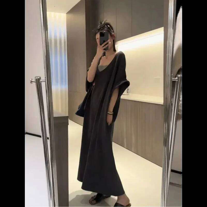 Lazy Style V-neck Patchwork Over-the-knee Loose Slimming T-shirt Dress XJ260225