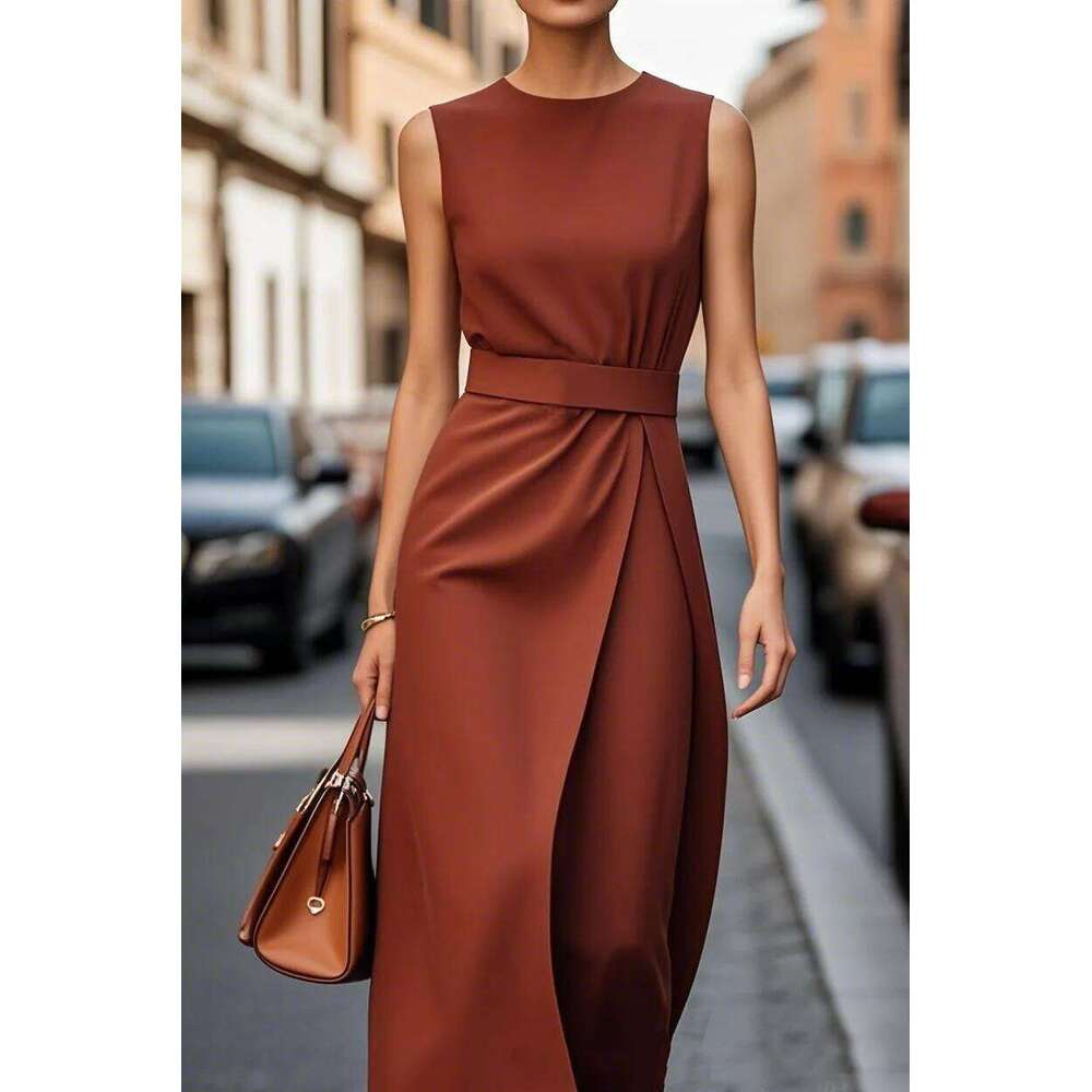 Euro-American cross-border summer solid color sleeveless round neck fashion casual belted long dress for women XJ260225