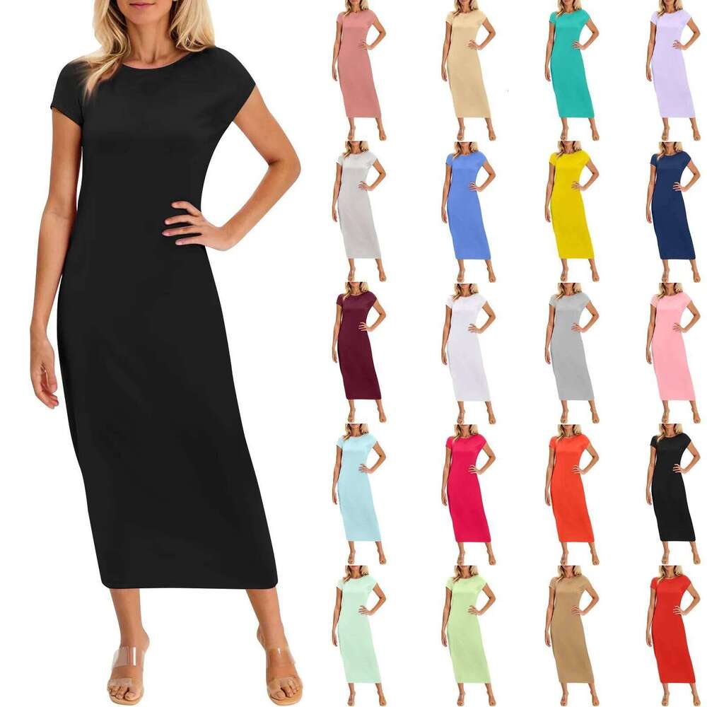 Women's Fashion Casual long dress Summer Dresses Solid Color Round Neck Short Sleeve Classic Dress Available in multiple colors XJ260225