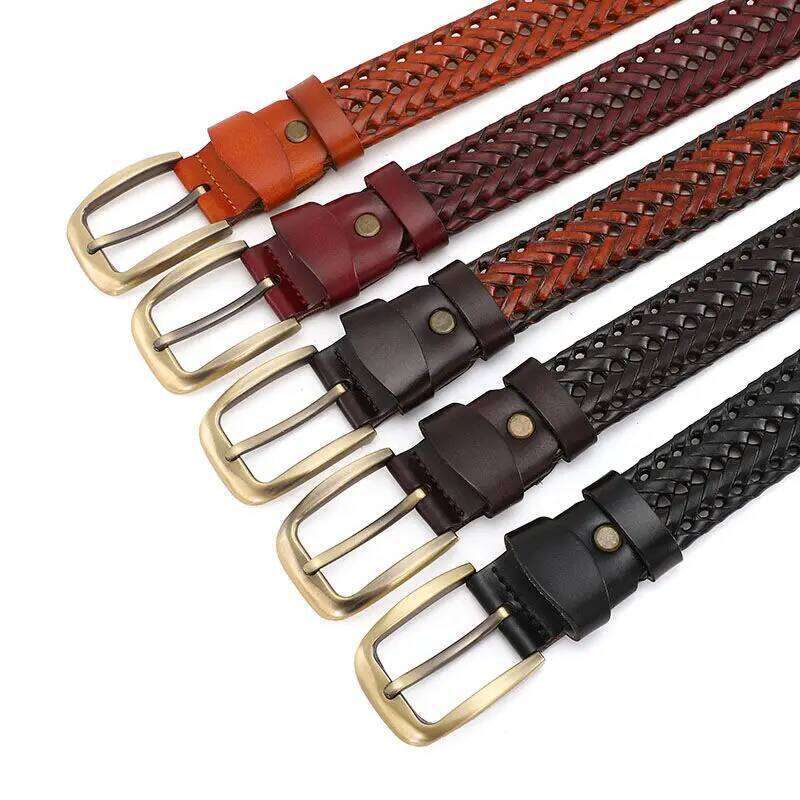 Genuine Leather Braided Webbing High Quality Hand Vintage Belts Men Gold Pin Buckle Casual for Jeans Strap HQ212 Y260225