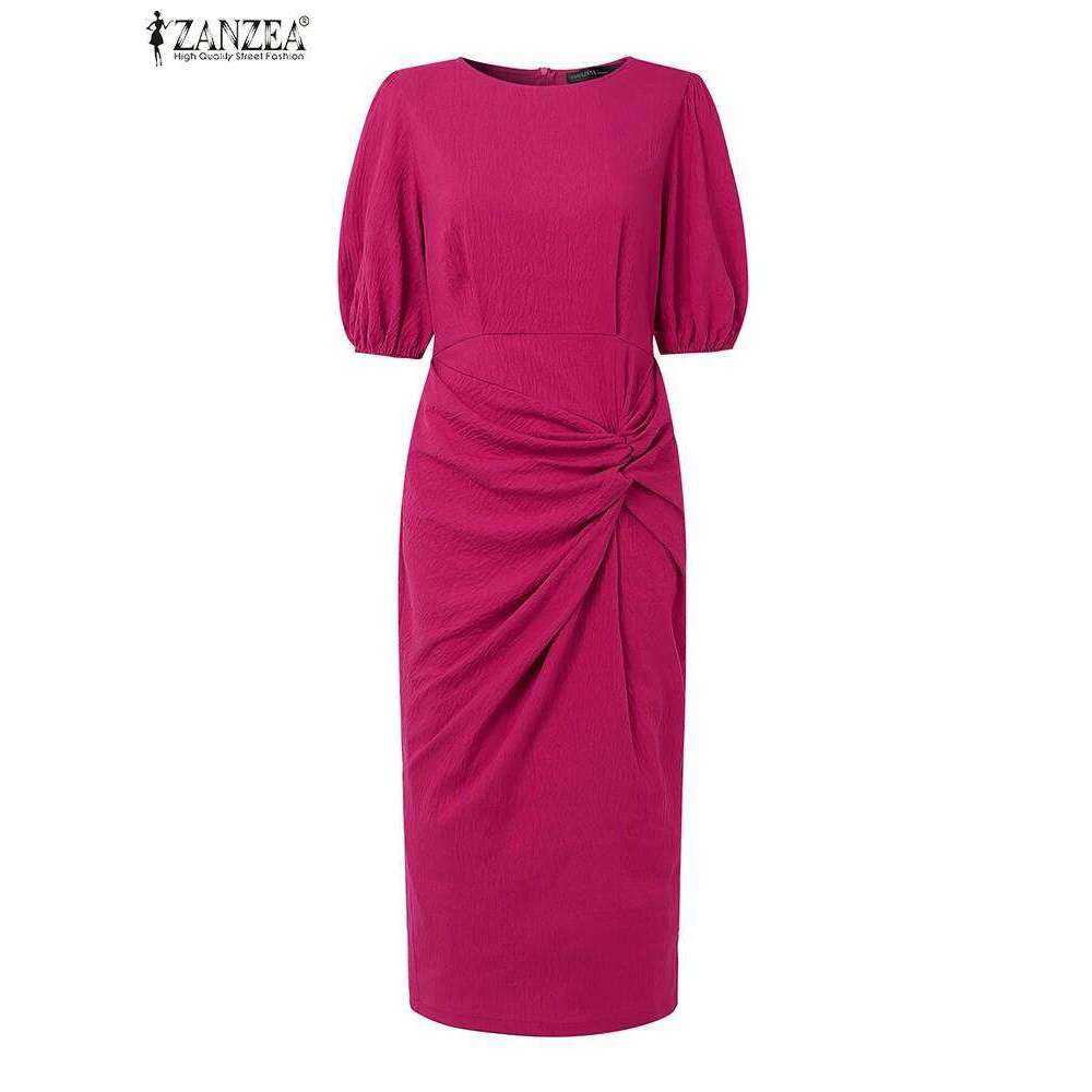 ZANZEA 2025 Women Pleated Dress Fashion Short Sleeve Sundress Elegant Office Work Vestidos Casual Loose Mid-Calf Robe Femme XJ260225