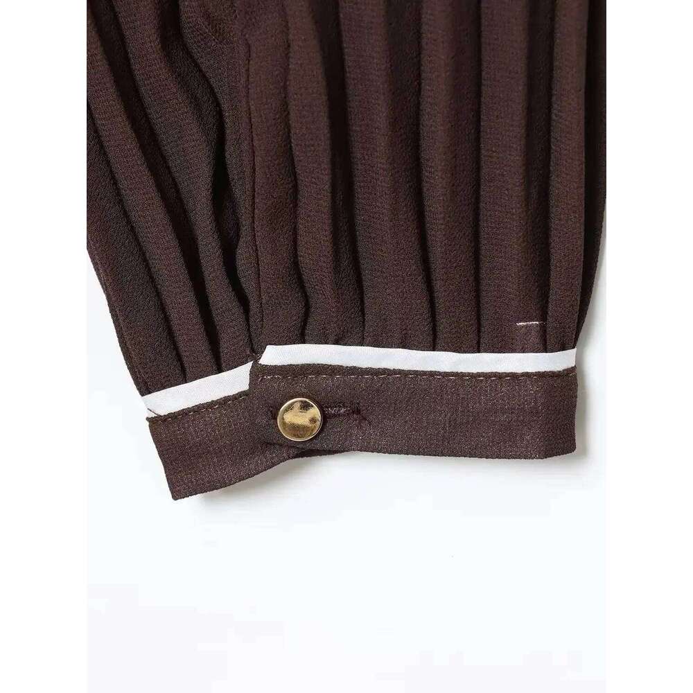 2025 Spring Autumn Women's Elegant Brown Shirt-style Midi Dresses Belt Lady Vintage Lapels Long Sleeve Pleated Buttons Maxi Robe XJ260225