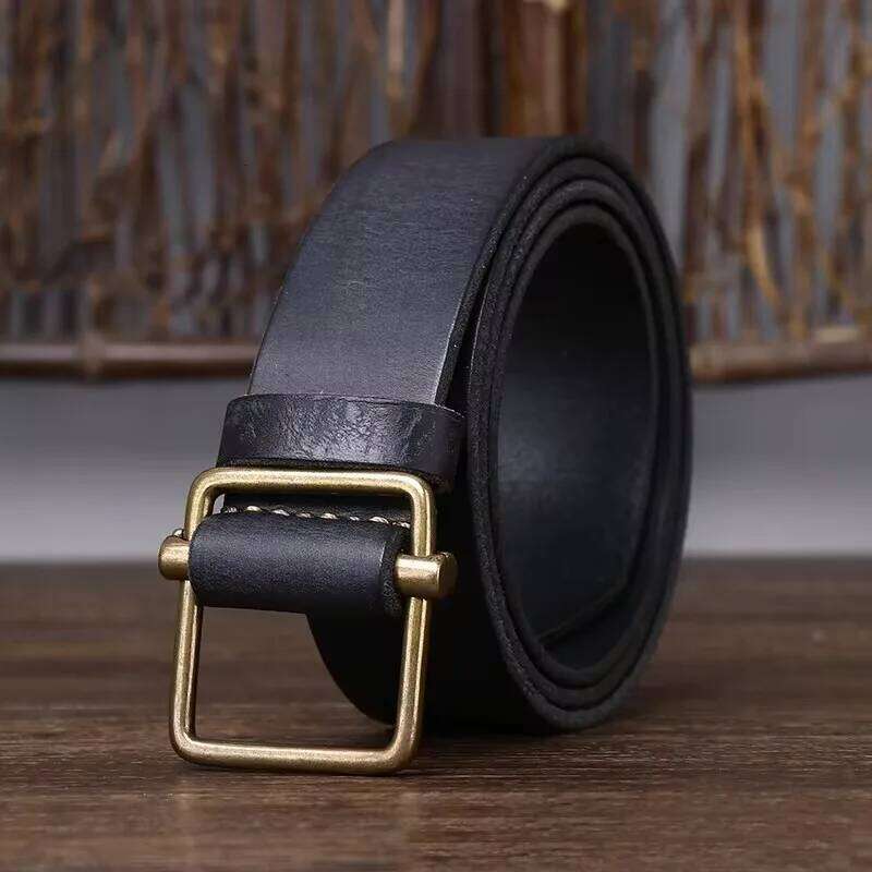 3.8CM No Hole Men's Thick Genuine Leather Strap Copper Buckle Cowhide Casual Jeans High Quality Retro Luxury Male Belt Y260225