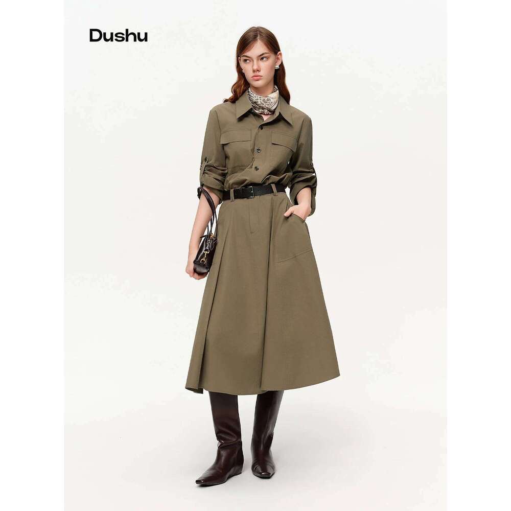 DUSHU Urban RhythmWorkwear Style Faux Two Piece Shirt Spring Vibes Notched Lapel Mid-Length 2026 New Arrival Dress XJ260225