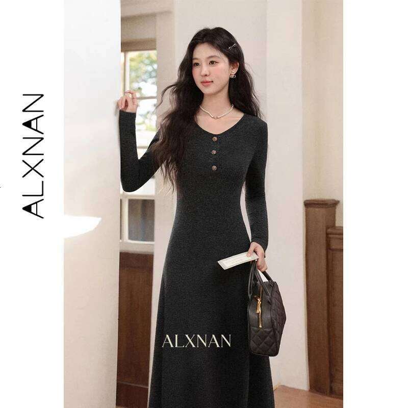 ALXNAN Black Gray Knit for Women Fall Winter Elegant Slim-fit Long Dress Fashion Female Clothing with A Shawl DYL662219 XJ260225
