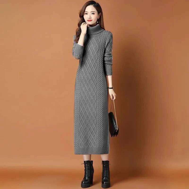Female High Neck Long Sweater Women Thickened Autumn Winter 2024 New Loose Outer Wear Twist Base Femme Knit Dress Elegant XJ260225