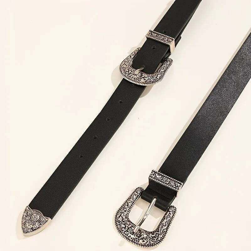 Women's Vintage Carved Men's Fashion Double Buckle Belt Hip Hop Rock Y2K Style PU Belt, Suitable for Men Women Y260225
