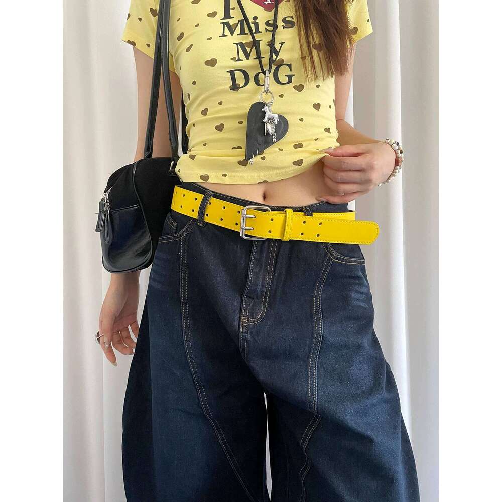 Wide Design Sense Y2K Double-Breasted Yellow For Women Skirt Jeans With Waistcoat Decoration Versatile Belt Y260225
