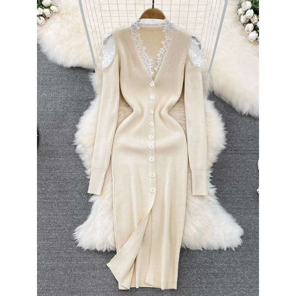 2026 New Autumn French Vintage Style V-neck Sleeve Knitted Dress Lace Spliced Single Breasted Long Wrap Hip Dresses XJ260225