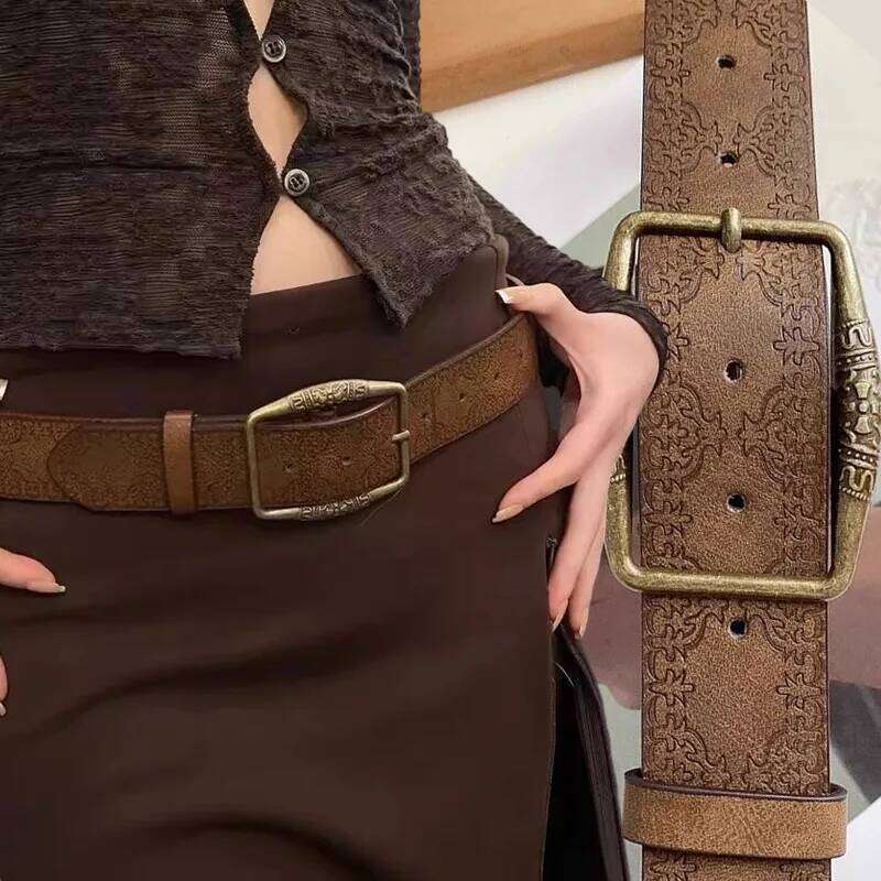 Y2K Retro Pu Embossed Belt American Vintage Leather Waistband Punk Brown Waist Deco Belts Unisex Streetwear Fashion Accessories Y260225