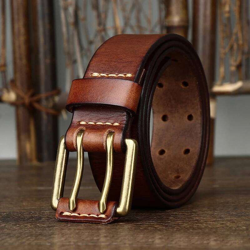 Men's Leather Double Needle Buckle Classic Tow Row Hole Jeans Belt Cowboy Hollowed Out Waistband Width:3.8cm Length:105-125cm Y260225