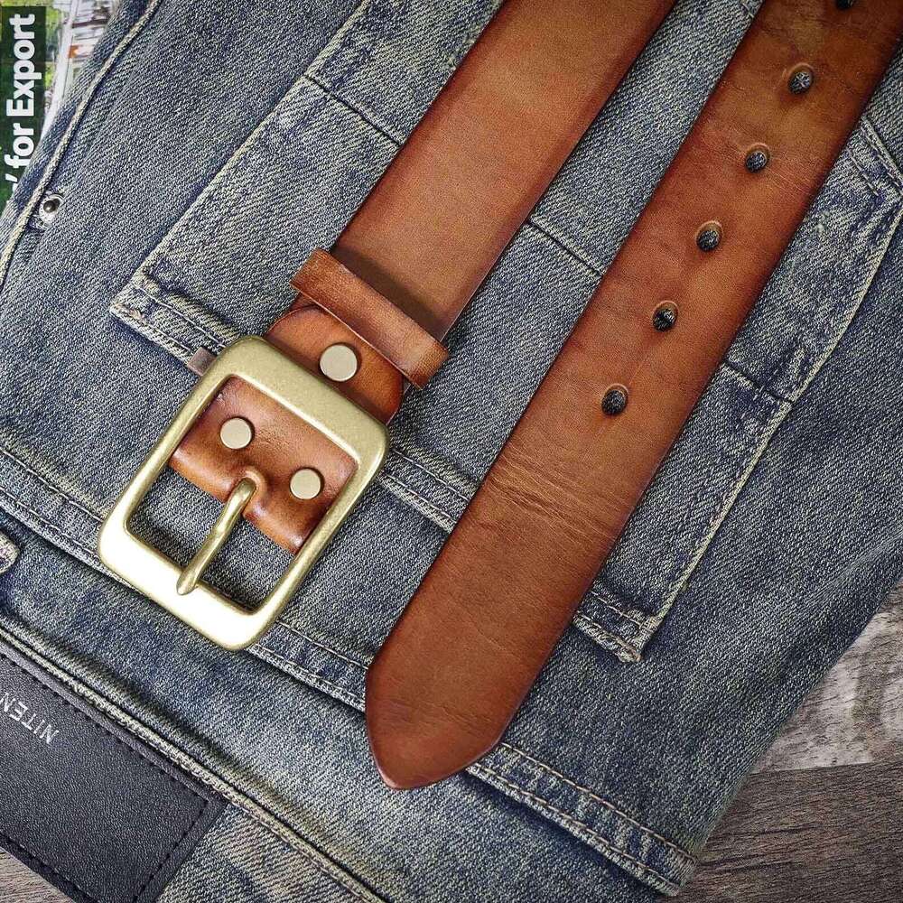 Vintage Genuine Leather Men's Belt Solid Brass Buckle, Handmade Casual Pin Buckle Thickened Italian Cowhide With Gift Box Y260225