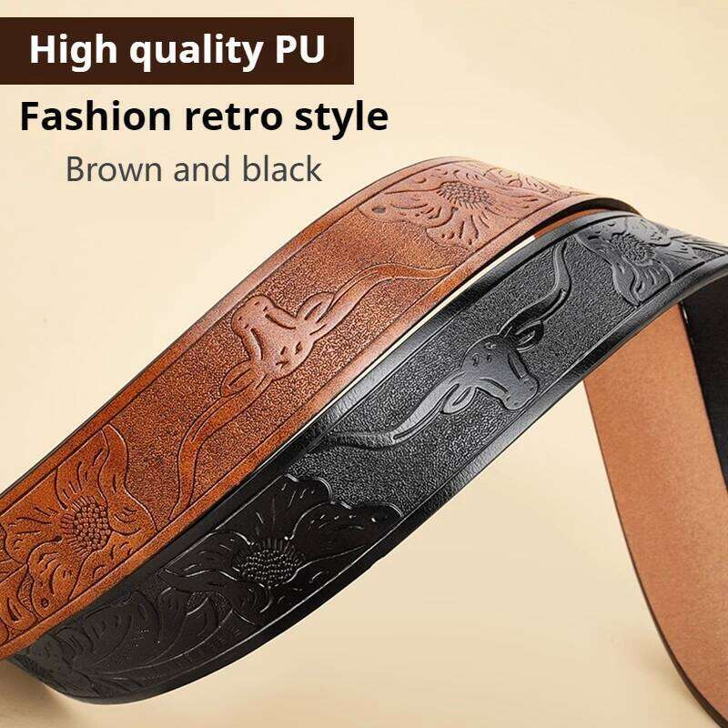 Western Leather Belts Cowboy Longhorn Bull Pattern Floral Engraved Buckle Belt for Men Y260225