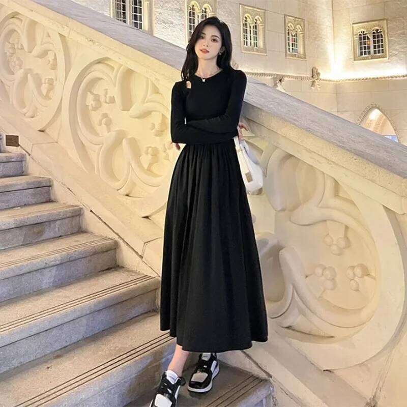 Fanan 2024 New Sleeve O-neck A-line Dress Fashion Streetwear Vestidos Lady Korean Style Hollow Out Black Long Dresses Women XJ260225