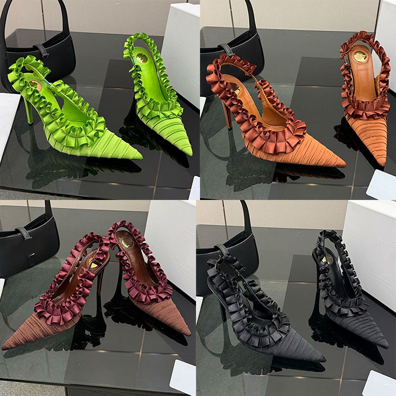 Elegant lady silk taffeta slingback pumps unique hand stitched couture ruffles pointed toe sexy covered stiletto heel leather sole wedding party Stiletto Heel