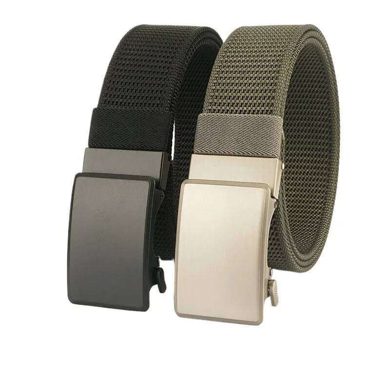 2024 Automatic Buckle Canvas Belt Men's 3.8CM Toothless Non-porous Thickened Stair Pattern Simple Nylon Belts for Women and Men Y260225