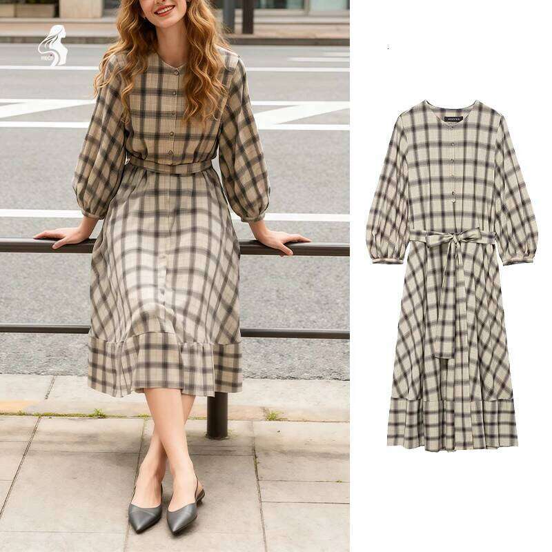 Women's Plaid Long Sleeve Midi with Belt - Vintage Checked Button Front Dress for Casual & Office XJ260225