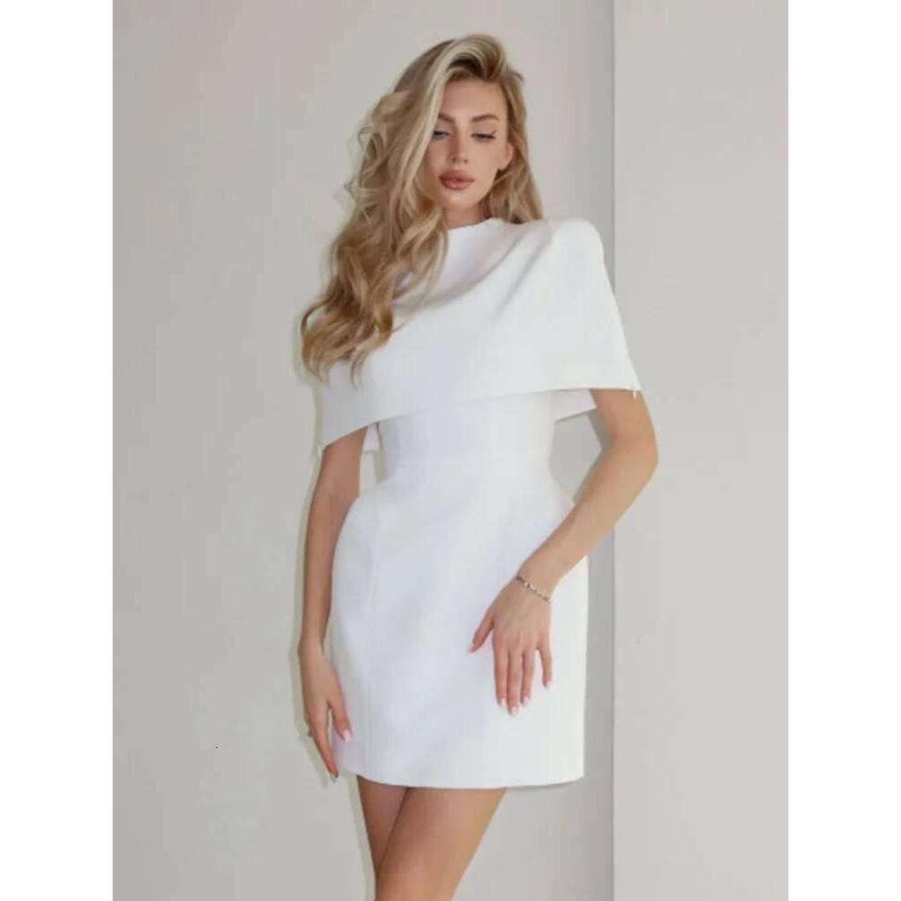 Solid Shawl A-line Dress Women Elegant Round Neck Waist Cinching Slim Short Mini Dresses 2026 Lady Daily Party Evening Vestido XJ260225