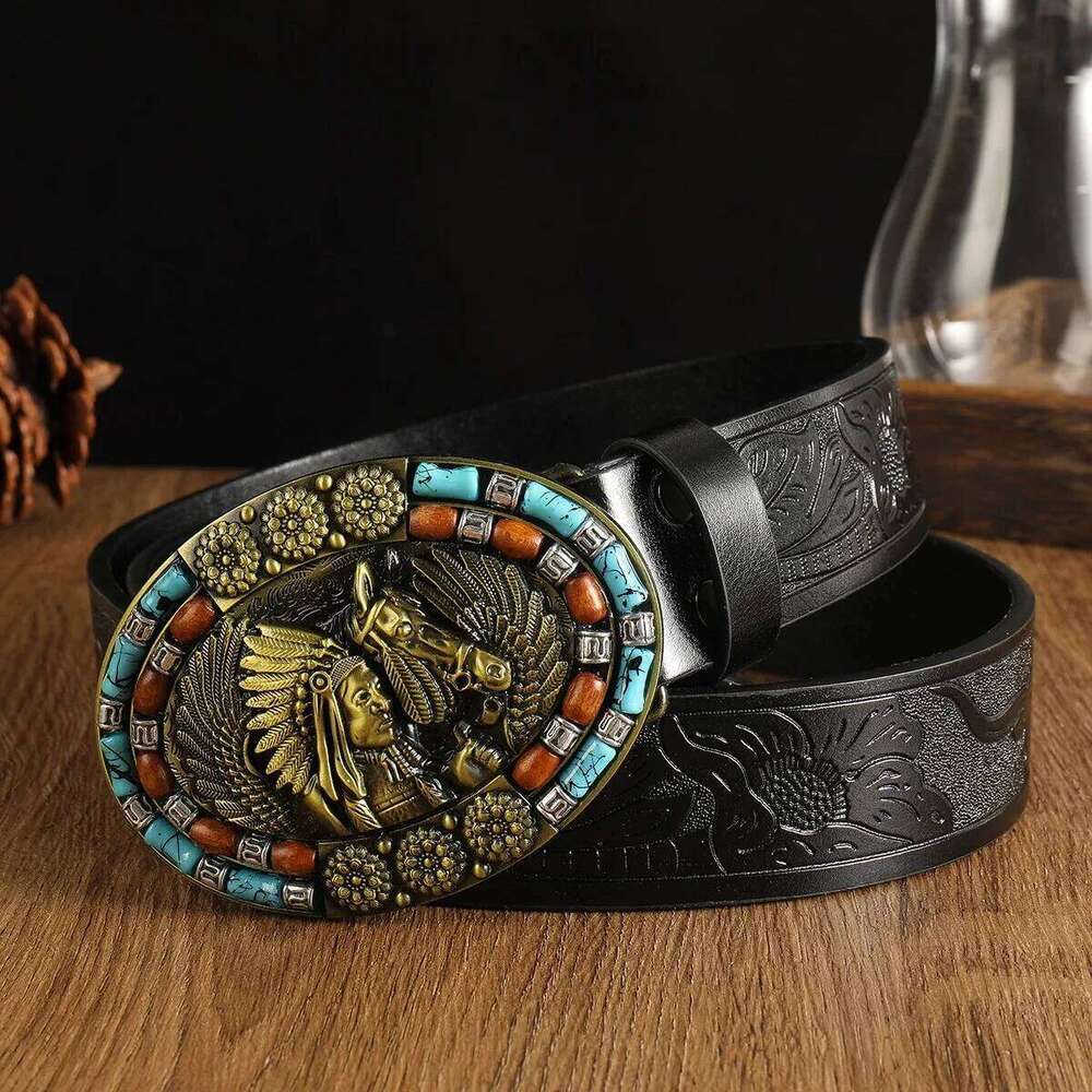 Bohemian turquoise vintage carved alloy plate buckle men's personalized belt; ethnic style versatile waist belt suitable f Y260225