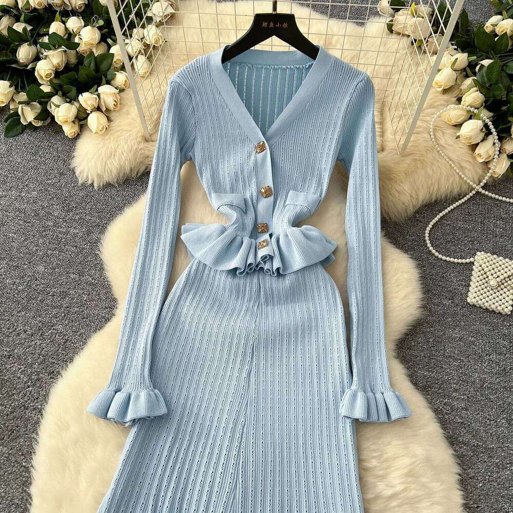 YuooMuoo Brand Fashion One Piece Maxi 2025 Woman Luxury V-neck Rhinestone Slim Waist Ruffled Knitted Dress Party Vestidos XJ260225