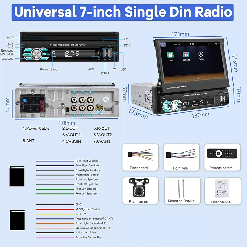 Retractable 7 inch Touch Screen Flip Out Screen Car Stereo with Wireless Carplay and Android Auto, Radio Support Bluetooth/SWC/USB/FM + Backup Camera 