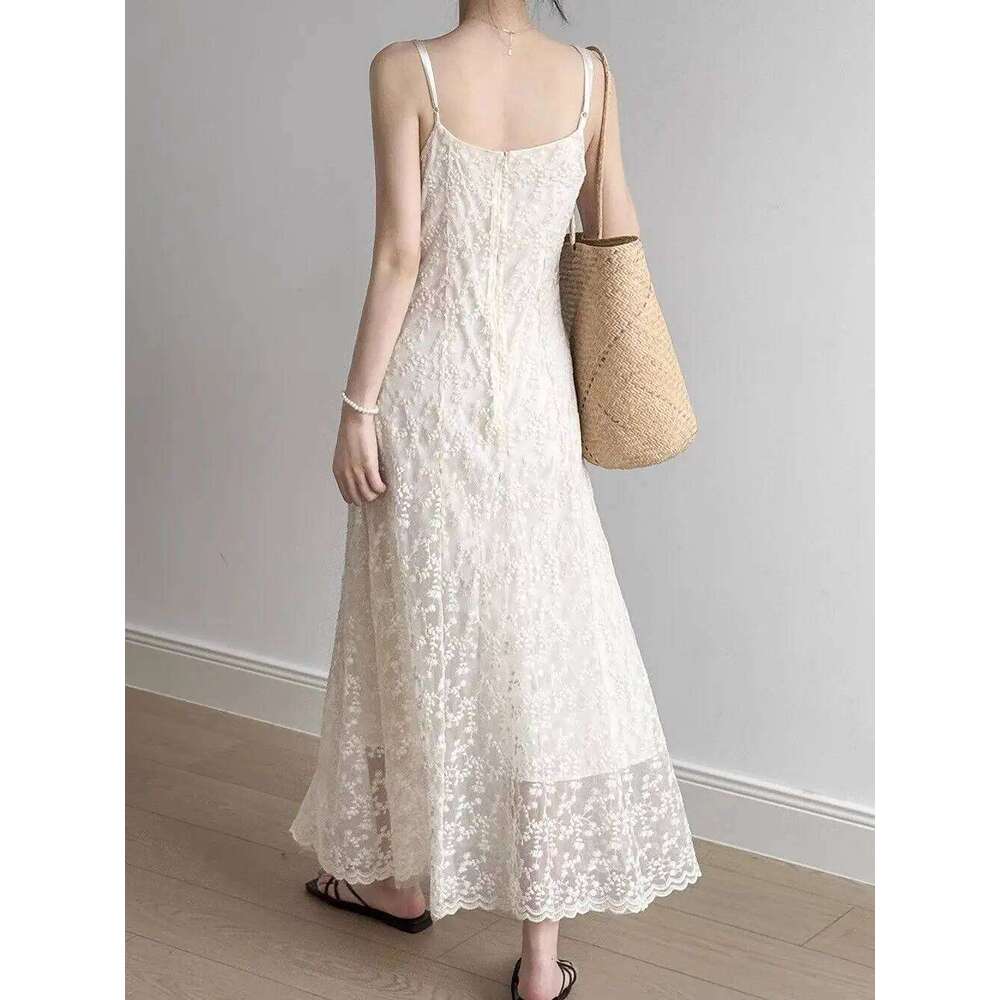 Lace Sling Women Summer New Embroidered Sweet Simple Basic Party Elegant Female Sleeveless Long Dress XJ260225