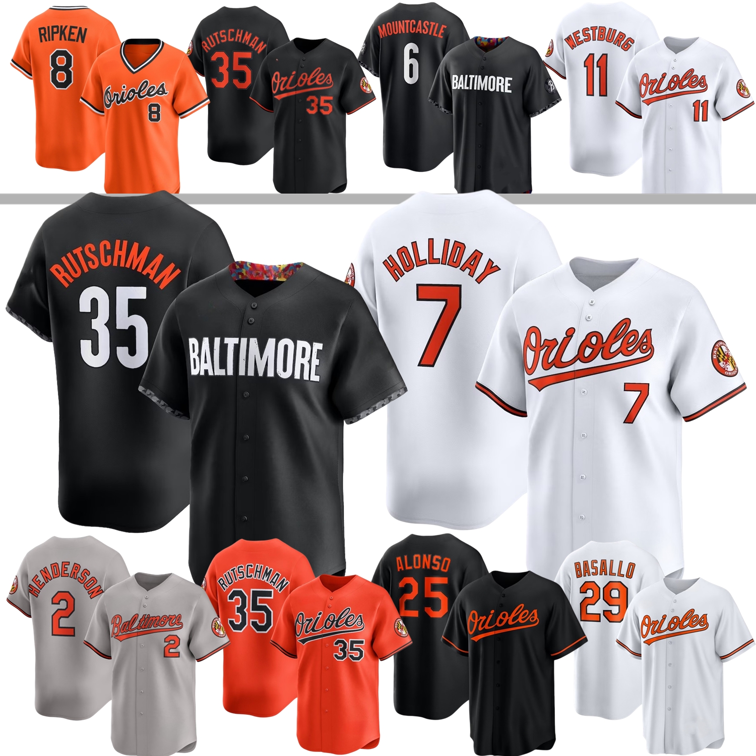 Baltimore Jersey Jackson Holliday OriolesS #2 Gunnar Henderson #35 Adley Rutschman Pete Alonso Bautista Mayo Cowser Basallo Bradish Kjerstad Rogers Ward Beavers