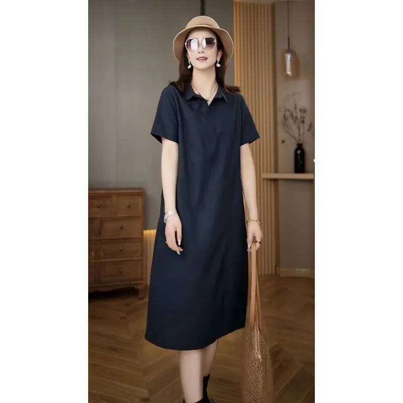 Temperament Solid Color Simple Short-sleeved Polo Collar Loose Pocket Mid-length Versatile Dress XJ260225