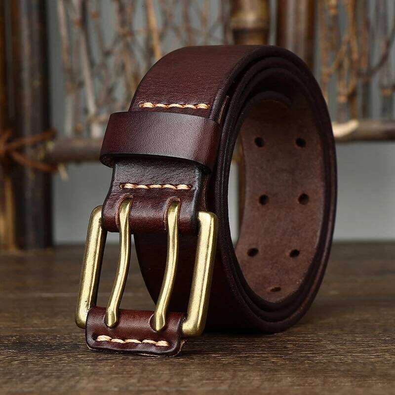 Men's Leather Double Needle Buckle Classic Tow Row Hole Jeans Belt Cowboy Hollowed Out Waistband Width:3.8cm Length:105-125cm Y260225