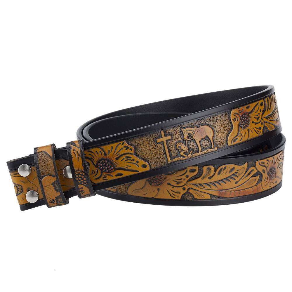 No Buckle Belt Genuine Leather Horse Cross Pattern Width 3.8cm Y260225