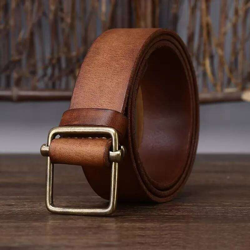 3.8CM No Hole Men's Thick Genuine Leather Strap Copper Buckle Cowhide Casual Jeans High Quality Retro Luxury Male Belt Y260225