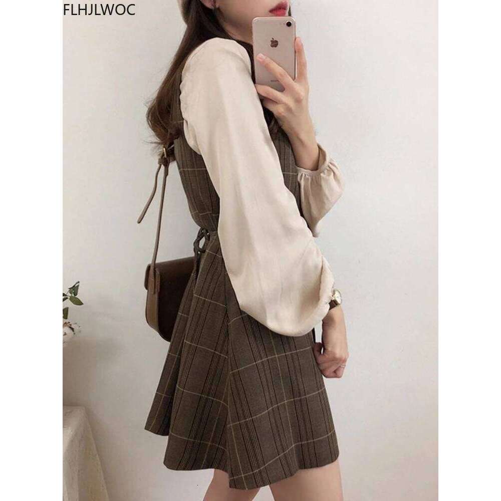 Cute Mini New Year Date Dresses Sleeveless Vest Women Korea Japanese Style Design Retro Vintage Plaid Button Shirt Dress 11021 XJ260225