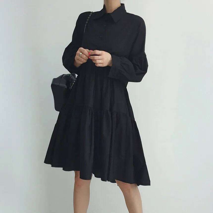 REALEFT Autumn Elegant Lantern Sleeve Women's A-line Shirts Dresses Turn-down Collar Buttons Casual Loose Umbrella Dress Female XJ260225