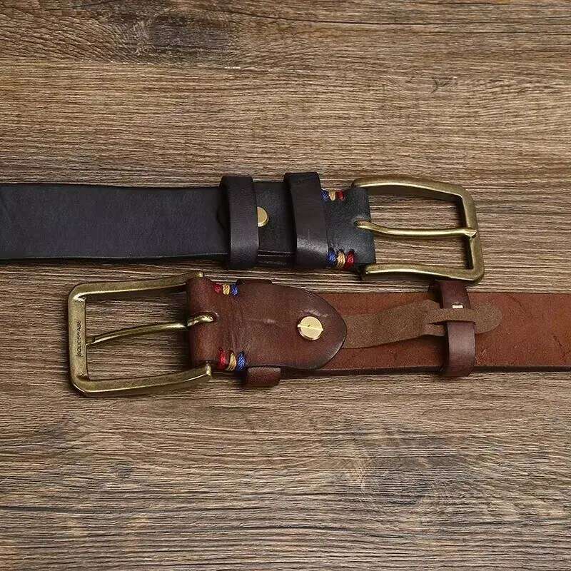 3.8CM Thick Retro Cowboy Male Cowhide Cowskin Genuine Leather Heavy Copper Buckle Belt For Jeans Men Strap Waist Y260225