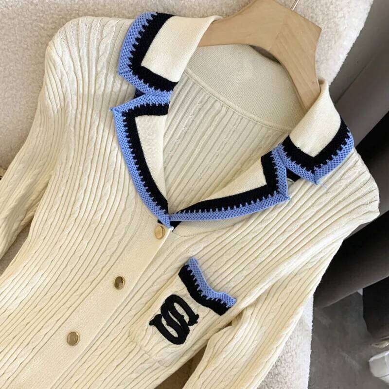 Contrast Knitted Dress Women Elegant Embroidery Lapel Long Sleeve Midi Dresses 2024 Autumn Winter Casual Single Breasted Vestido XJ260225