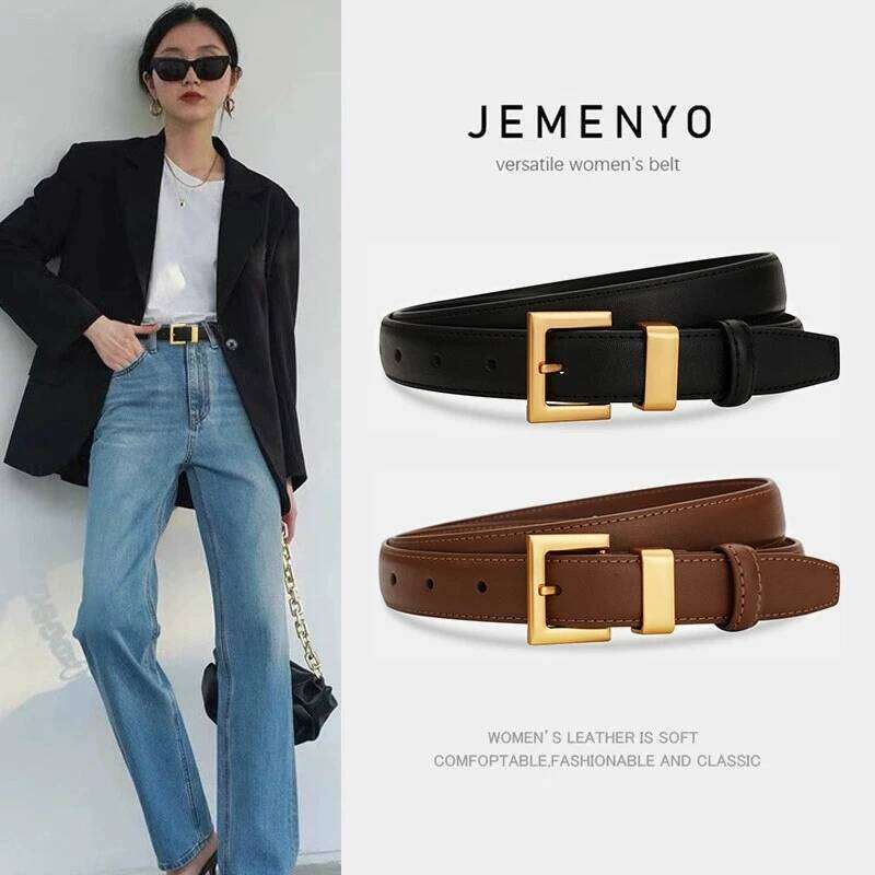 Ladies leather cowhide versatile decoration for suit waist belt; retro simple high-end black ins style denim belt. Y260225