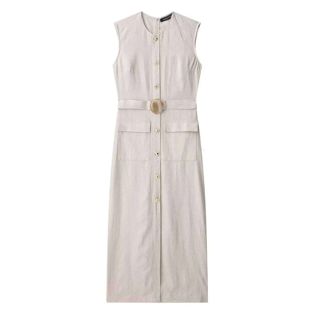 Elegant Linen Blend Belted Sleeveless Midi for Women Office Workwear Summer Vest Dress XJ260225