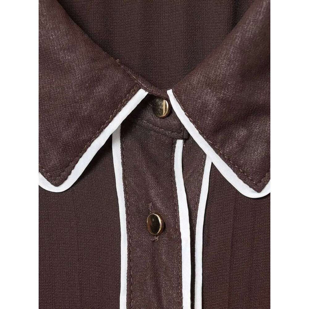 2025 Spring Autumn Women's Elegant Brown Shirt-style Midi Dresses Belt Lady Vintage Lapels Long Sleeve Pleated Buttons Maxi Robe XJ260225